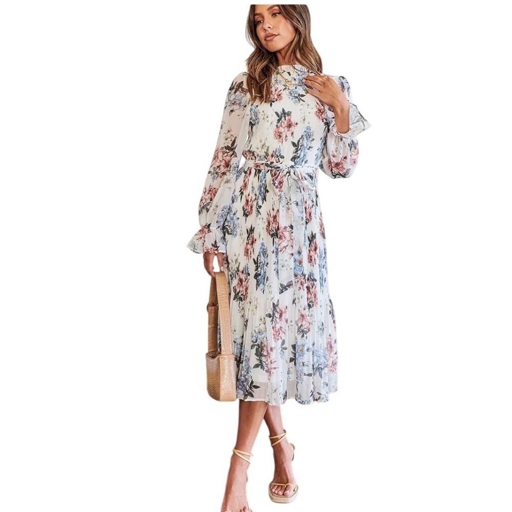 ANRABESS Floral Pleated Midi Dress White Blue Boho Cottagecore Romantic Women XL